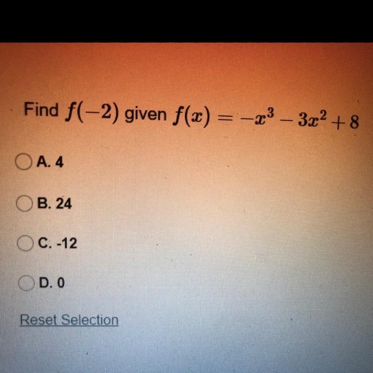 Find f(-2) given f(x) = –x^3 – 3x^2 +8-example-1