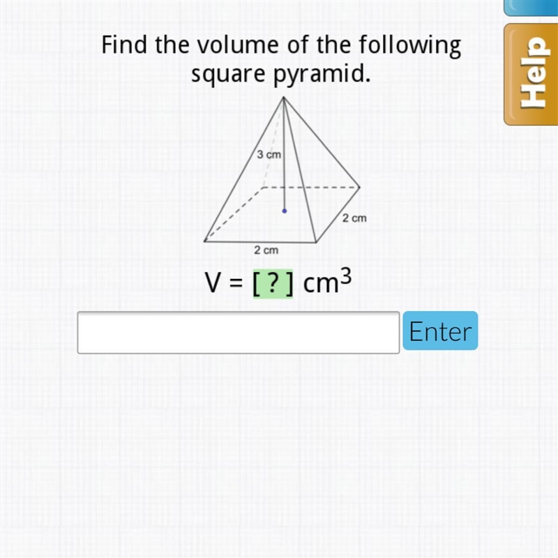 Find the volume of the following square pyramid. geometry-example-1