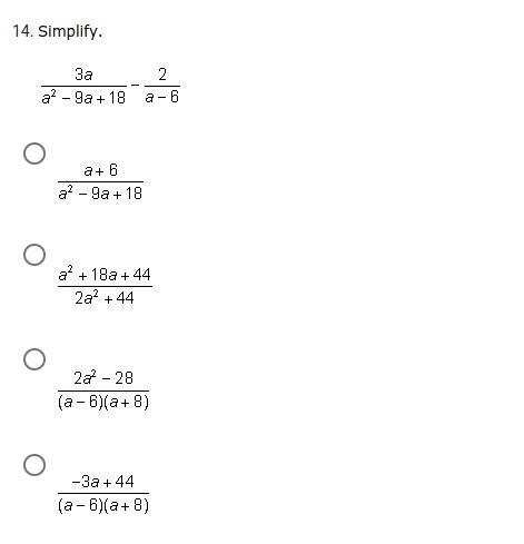 Simplify 3a/a^2-9a+18-2/a-6-example-1