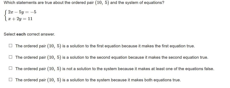 Which statements are true about the ordered pair (10, 5) and the system of equations-example-1