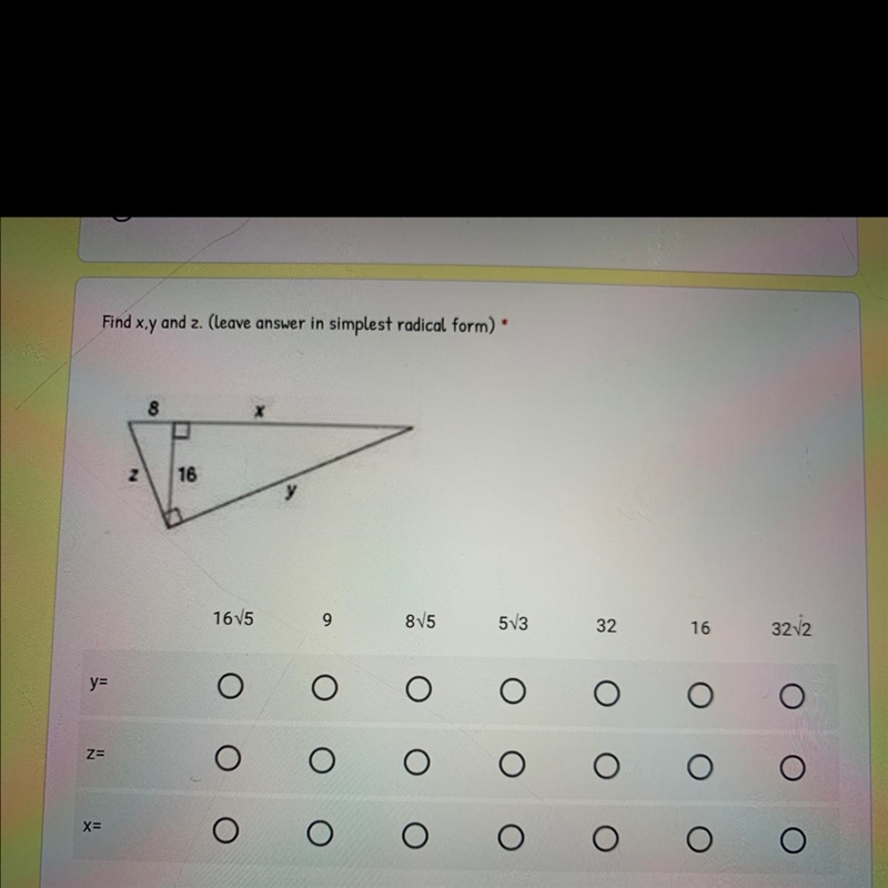 Find x,y and 2. (leave answer in simplest radical form) *-example-1