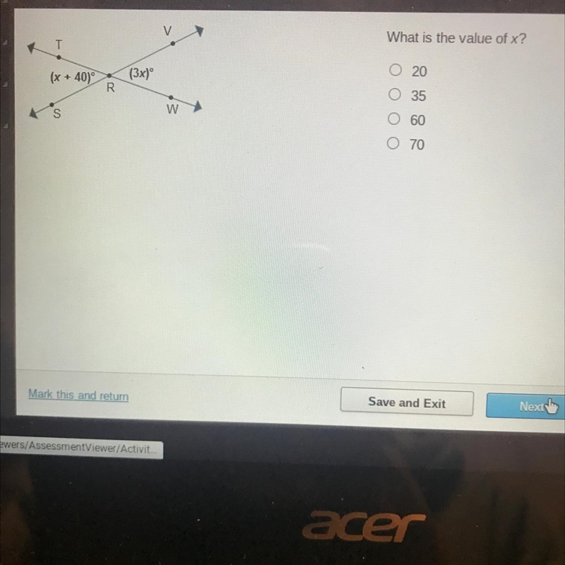 V What is the value of x? (3x) 20 (x + 40) R. 35 Ο Ο Ο Ο w S 60 70-example-1