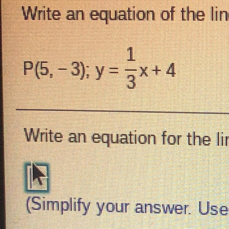 Write an equation of the line perpendicular to the given line that contains P. P(5,-3); y-example-1