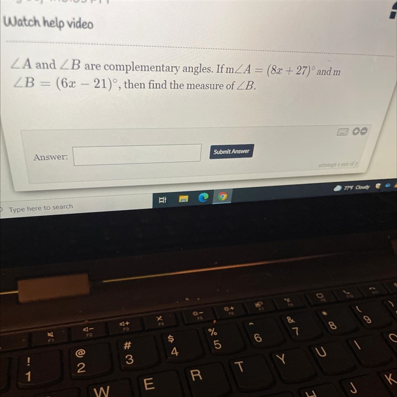 ZA and ZB are complementary angles. If m A = (8x + 27)° and m ZB = (6x – 21)°, then-example-1