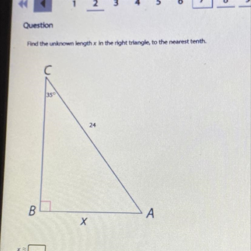 Find the unknown length x in the right triangle, to the nearest tenth.-example-1