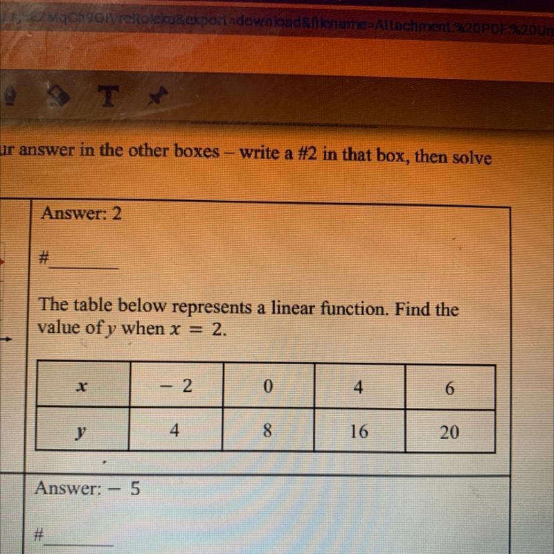 The table below represents a linear function. Find the value of y when x = 2. - 2 0 4 6 y-example-1