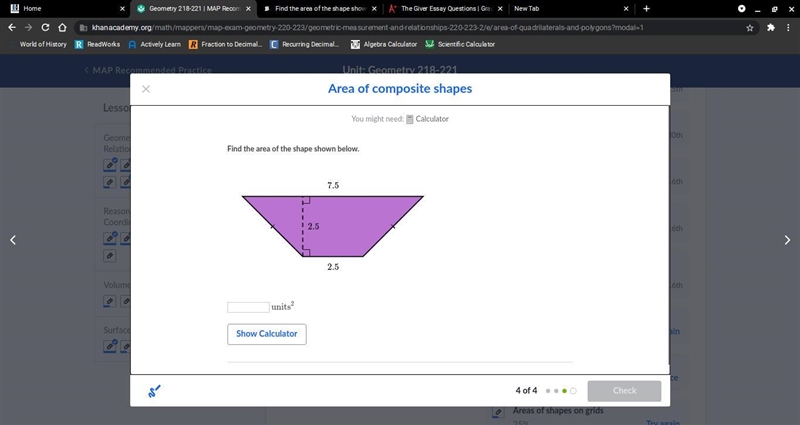 Find the area of the shape shown below.-example-1