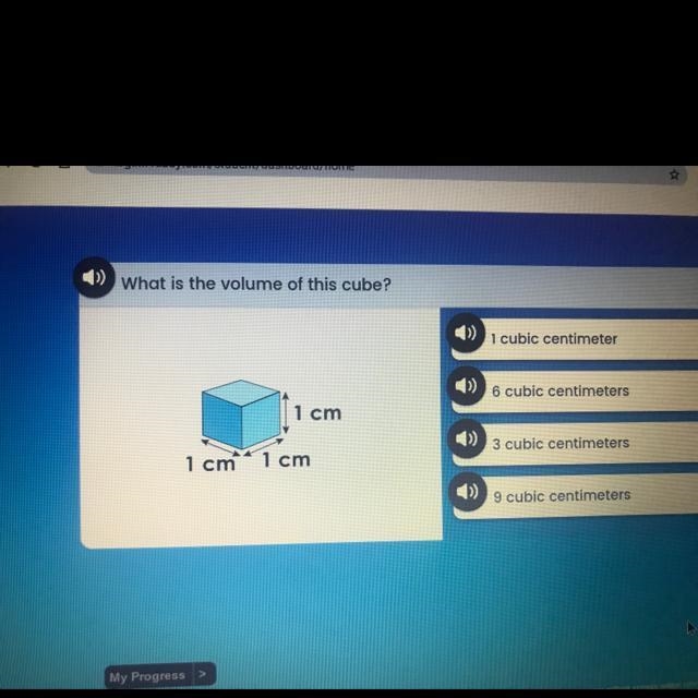 W what is the volume of this cube? cuble centimeter 6 cubic centimeters 1 cm (1) 3 cubic-example-1