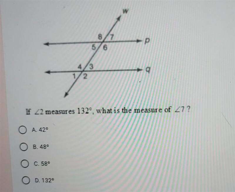 6. Lines p and q are parallel, and line w is a transversal. ​-example-1