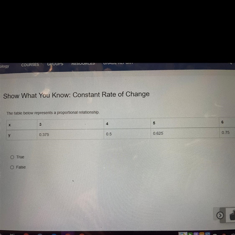 The table below represents a proportional relationship х 3 4 5 5 6 у 0.375 0.5 0.625 0.75 True-example-1