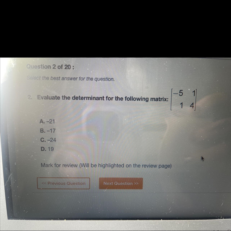 Evaluate the determinant for the following matrix-example-1