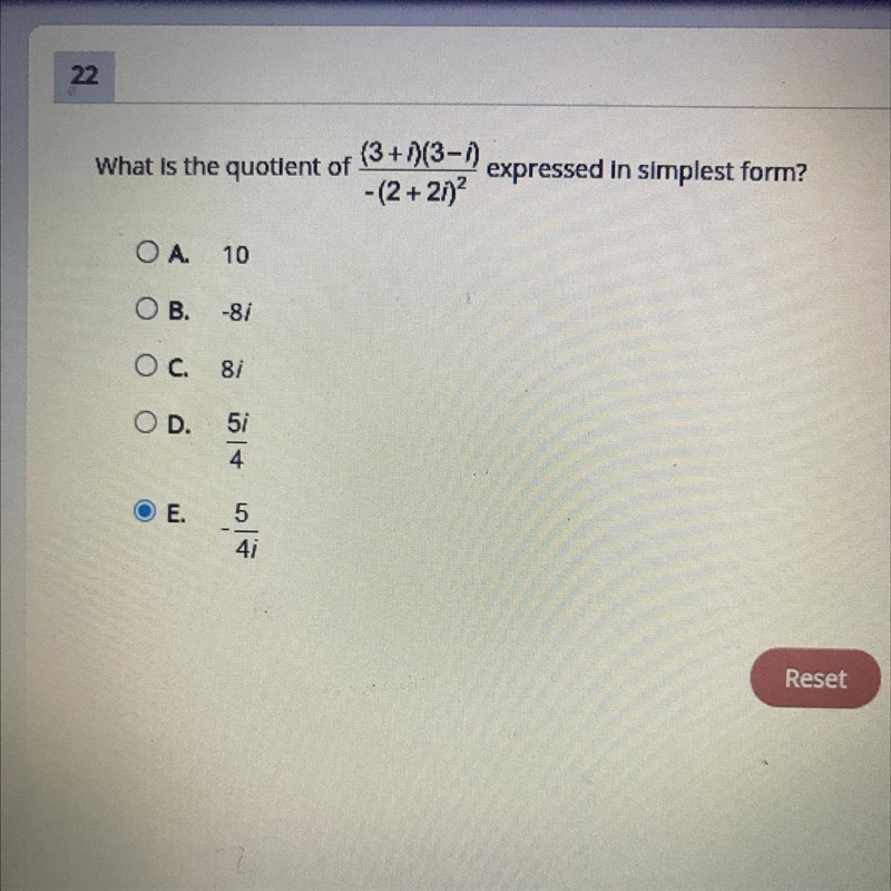 What is the quotient of (3+i)(3-i) _______ -(2+2i)^2 expressed in simplest form?-example-1