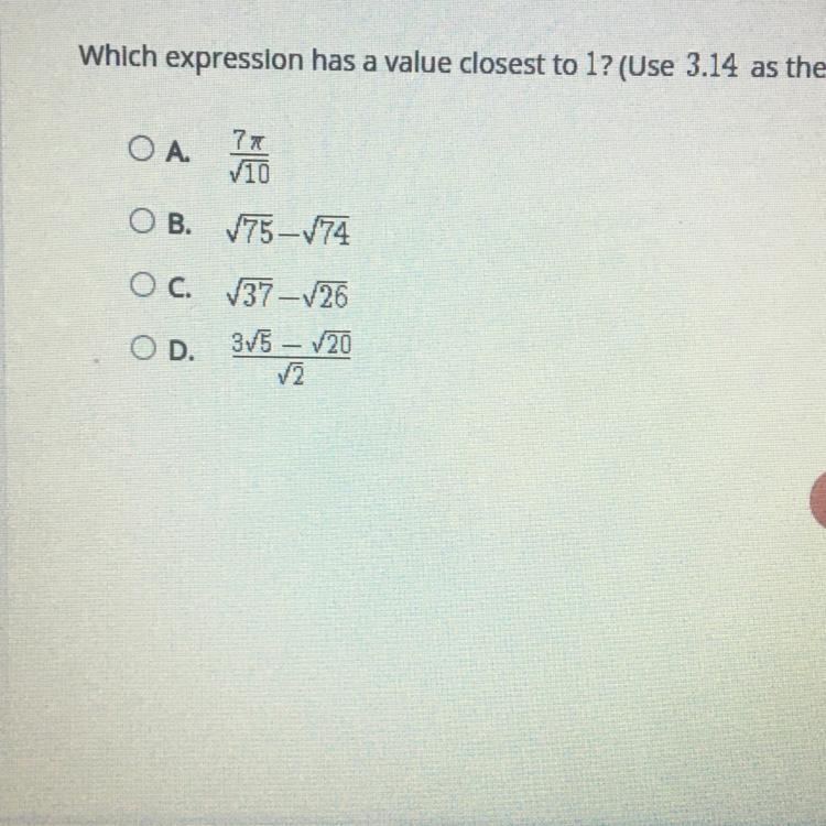 Select the correct answer. Which expression has a value closest to 1? (Use 3.14 as-example-1