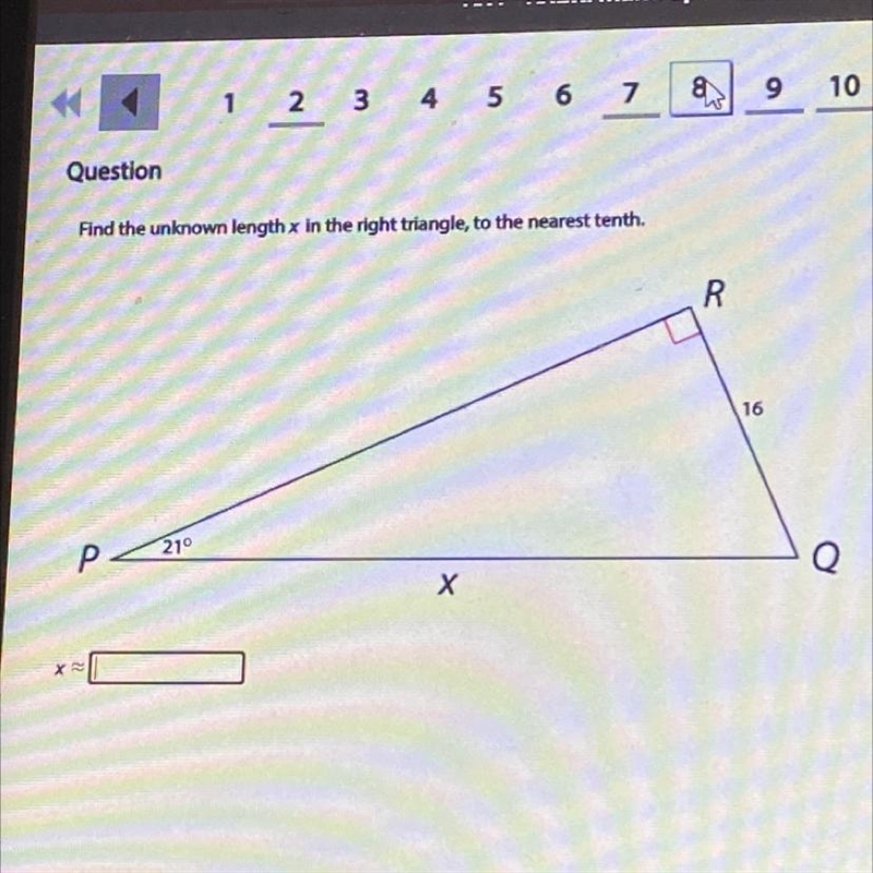 Find the unknown length x in the right triangle, to the nearest tenth. 16 21-example-1