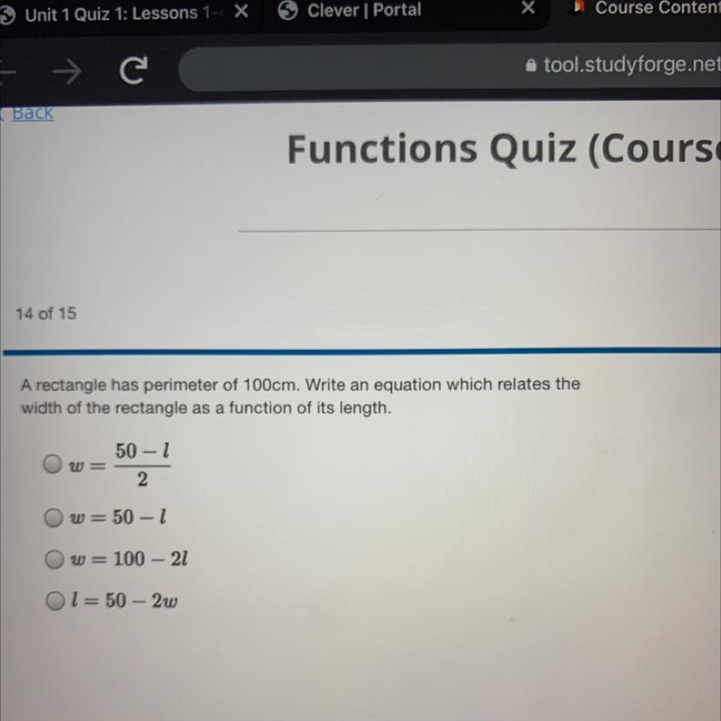 A rectangle has perimeter of 100cm. Write an equation which relates the width of the-example-1