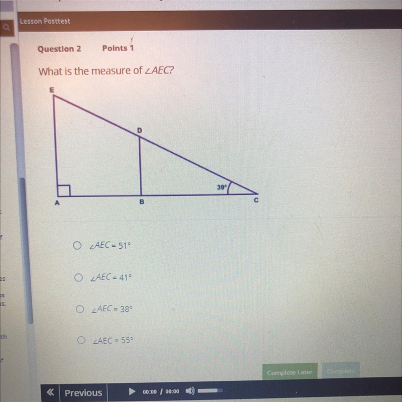 What is the measure of angle AEC?-example-1