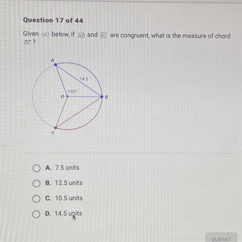 Given oo below, if AB and Bē are congruent, what is the measure of chord BC?-example-1