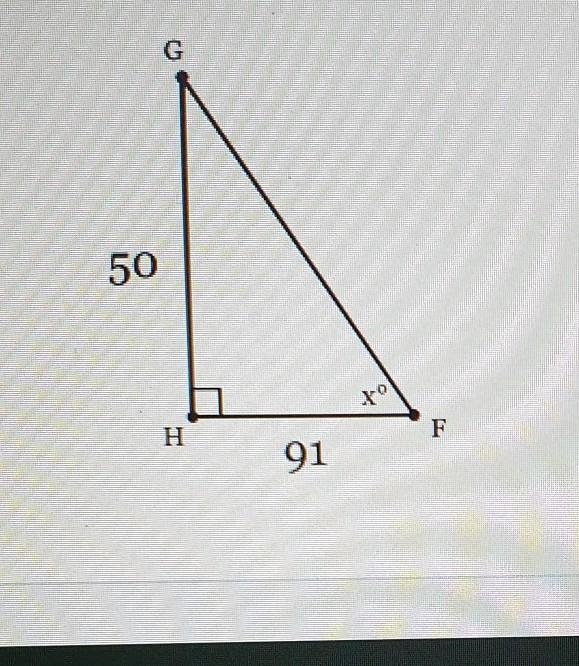 In FGH, the measure of H=90°, HF = 91 feet, and GH = 50 feet. Find the measure of-example-1