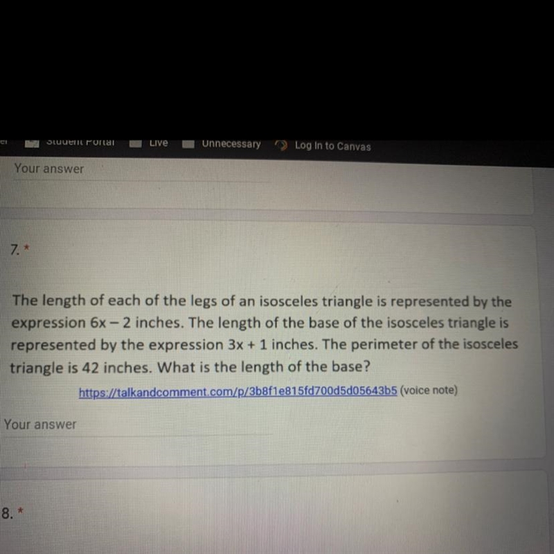 The length of each of the legs of an isosceles triangle is represented by the expression-example-1