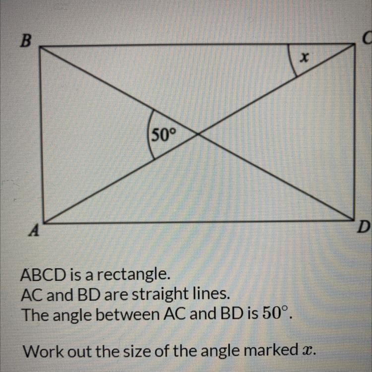 B C x 50° A D ABCD is a rectangle. AC and BD are straight lines. The angle between-example-1