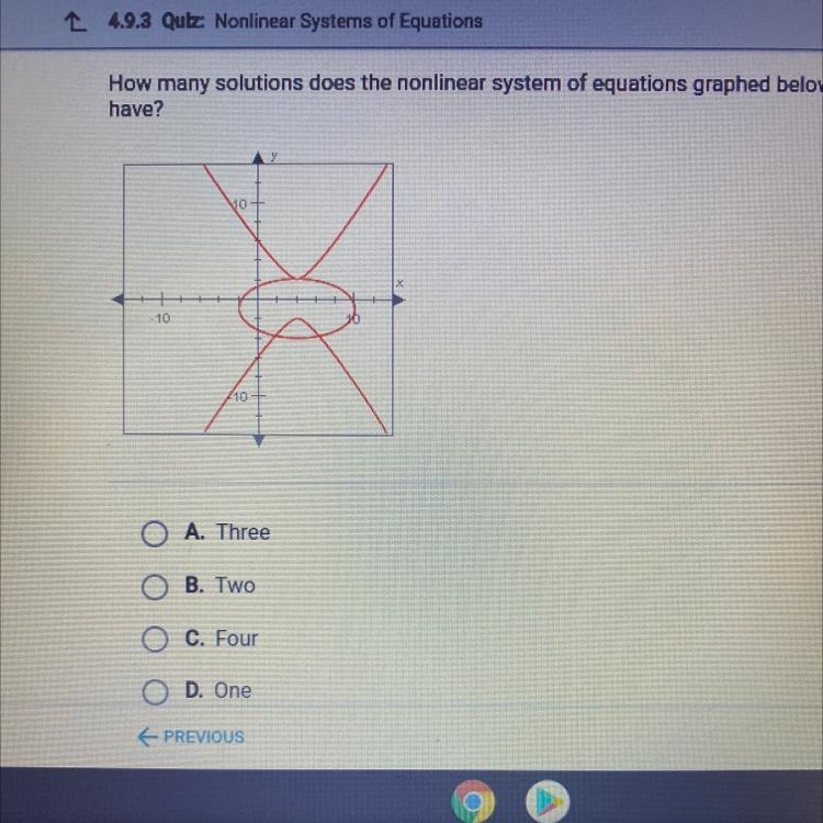 How many solutions does the nonlinear system of equations graphed below have?-example-1