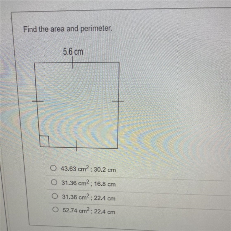 Find the area and perimeter. 5.6 cm please help!!!!-example-1