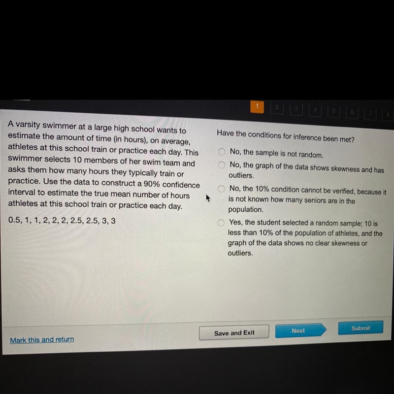 Have the conditions for inference been met? A varsity swimmer at a large high school-example-1