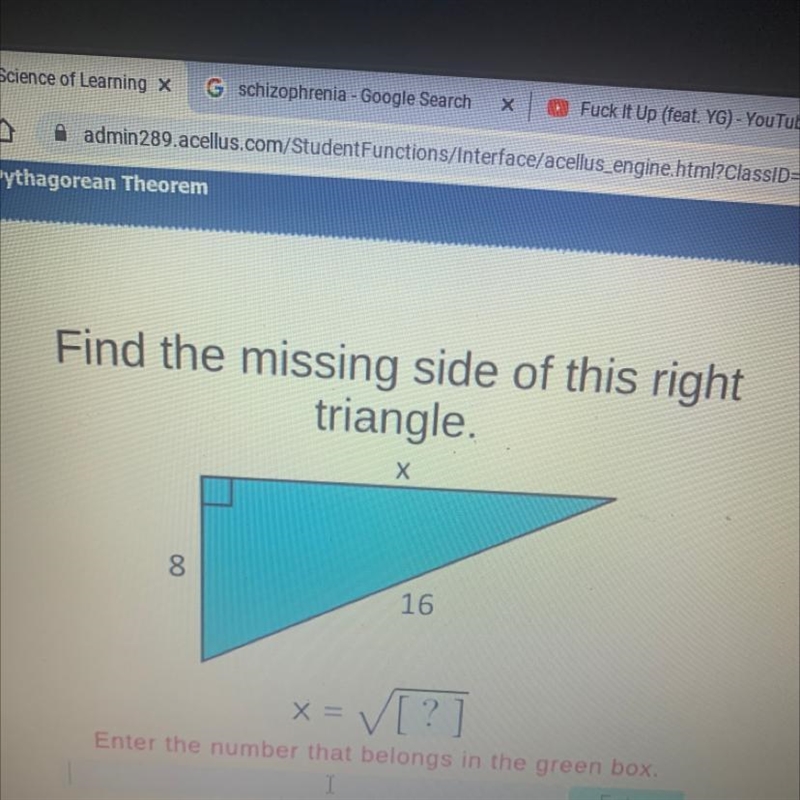 PLEASE HELP ASAP Find the missing side of this right triangle, Х 8 16 x = [?]-example-1