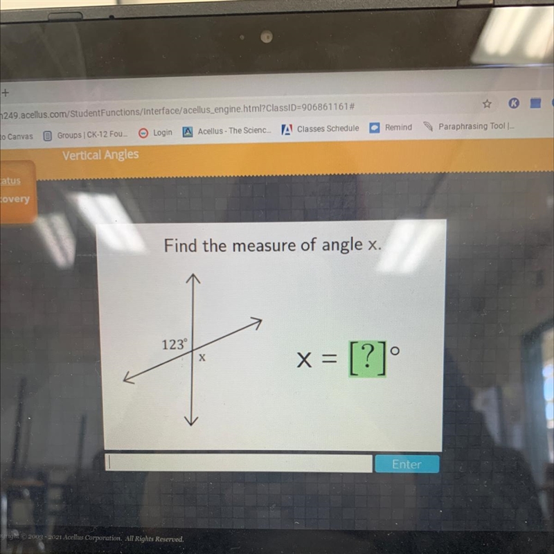 Find the measure of angle x. 123° Х X = = [?]-example-1