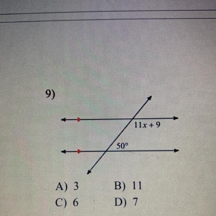 Solve for x A) 3 B) 11 C) 6 D) 7-example-1