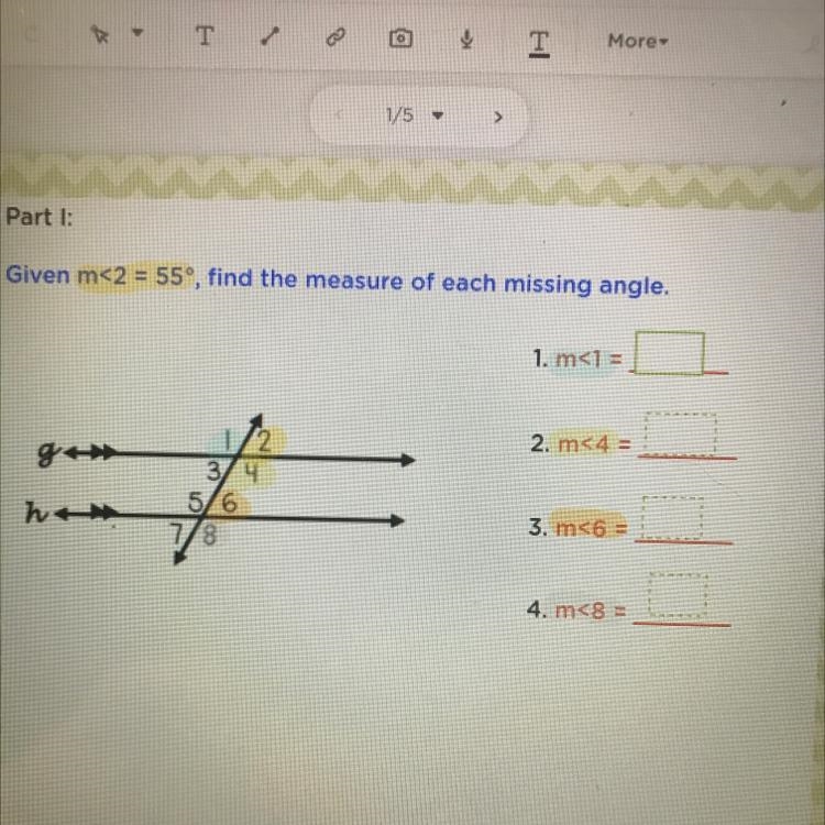 Given m<2 = 55°, find the measure of each missing angle.-example-1