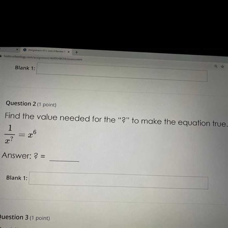 Find the value needed for the “?” to make the equation true. 1/x^? = x^6 Answer: ? =__-example-1