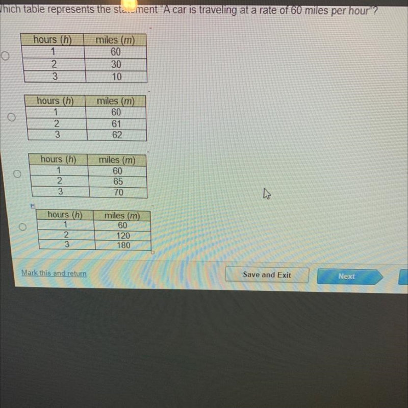 Which table represents the statement "A car is traveling at a rate of 60 miles-example-1