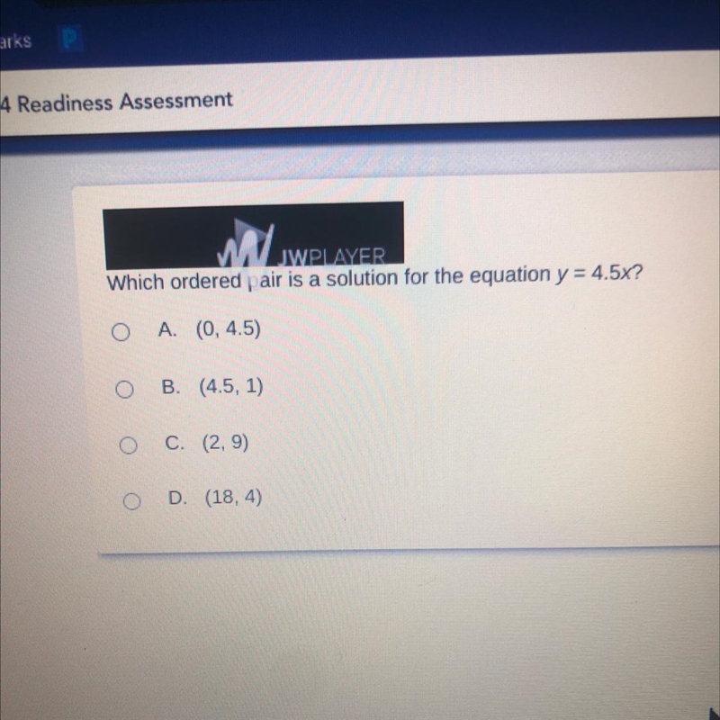 VIJWPLAYER Which ordered air is a solution for the equation y = 4.5x? A. (0, 4.5) B-example-1