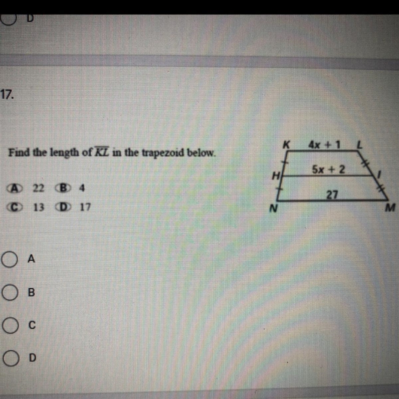 Find the length of KL in the trapezoid below.-example-1