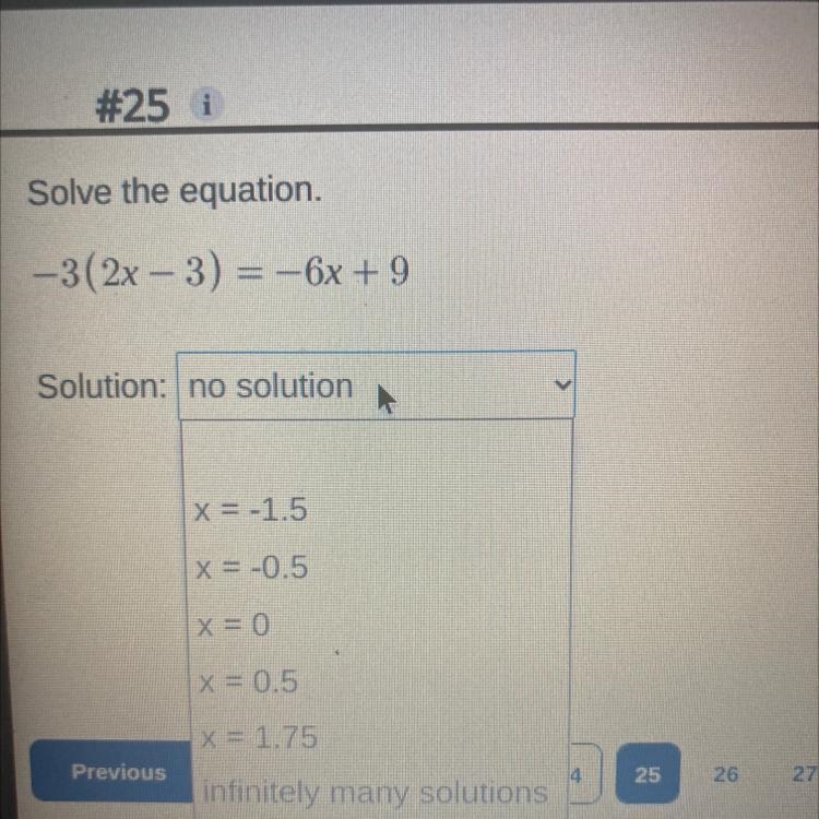 Solve the equation. - 3(2x - 3) = -6x + 9 Solution:-example-1