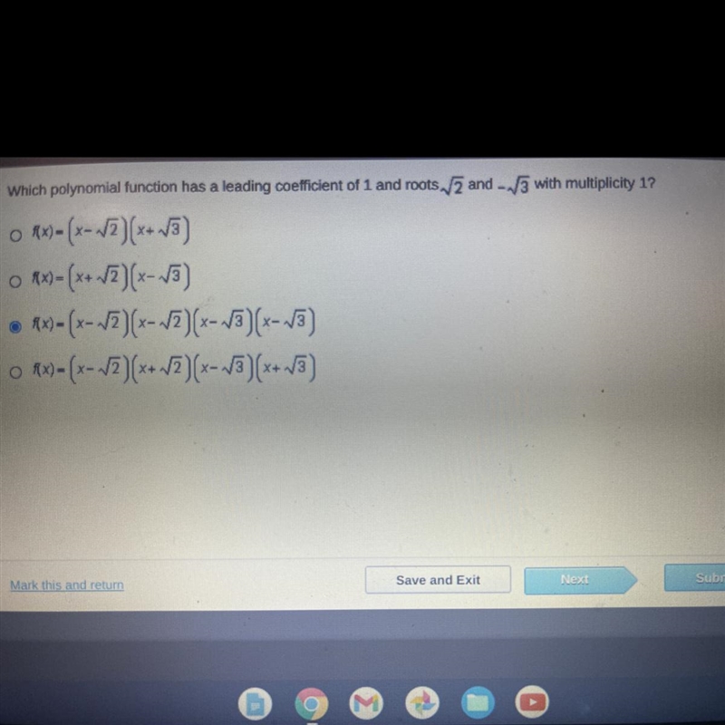 Which polynomial function has a leading coefficient of 1 and roots /7 and - /3 with-example-1