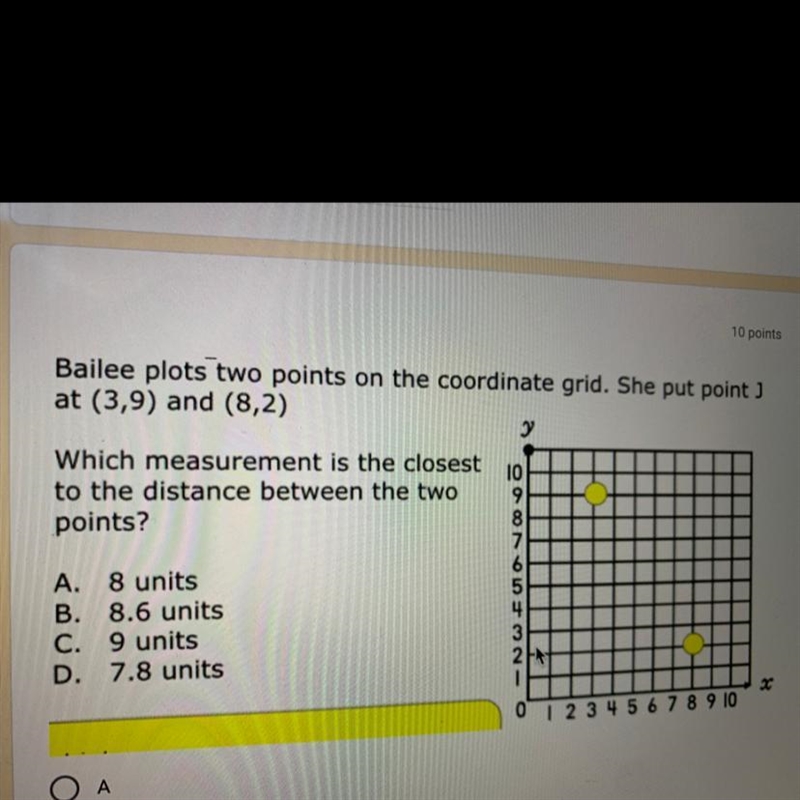 Bailee plots two points on the coordinate grid. She put point J at (3,9) and (8,2)-example-1