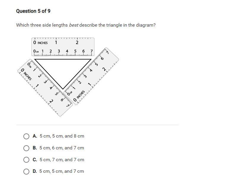 Which three side lengths best describe the triangle in the diagram?-example-1