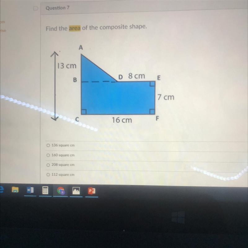 Find the area of the composite shape. 136 square cm 160 square cm 208 square cm 112 square-example-1