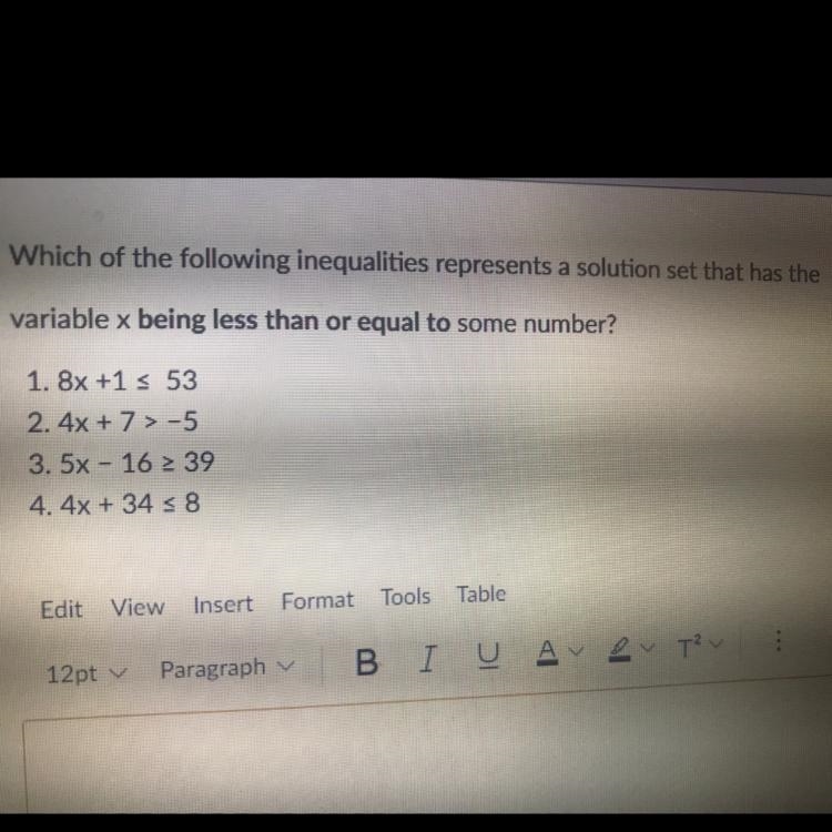 Which of the following inequalities represents a solution set that has the variable-example-1