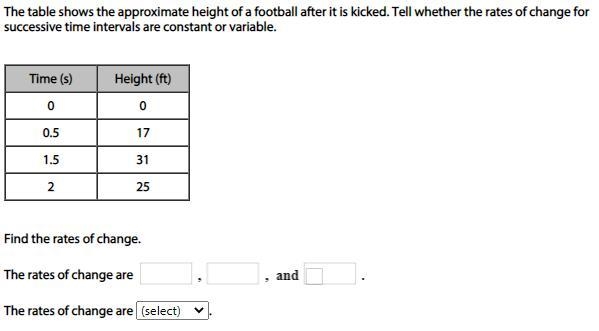 The table shows the approximate height of a football after it is kicked. Tell whether-example-1