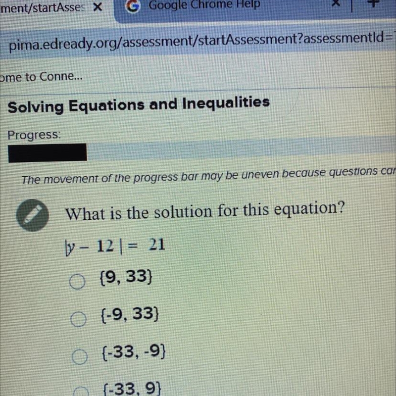 What is the solution for this equation? by – 12) = 21 O {9, 33) O {-9, 33} O {-33, -9} O-example-1