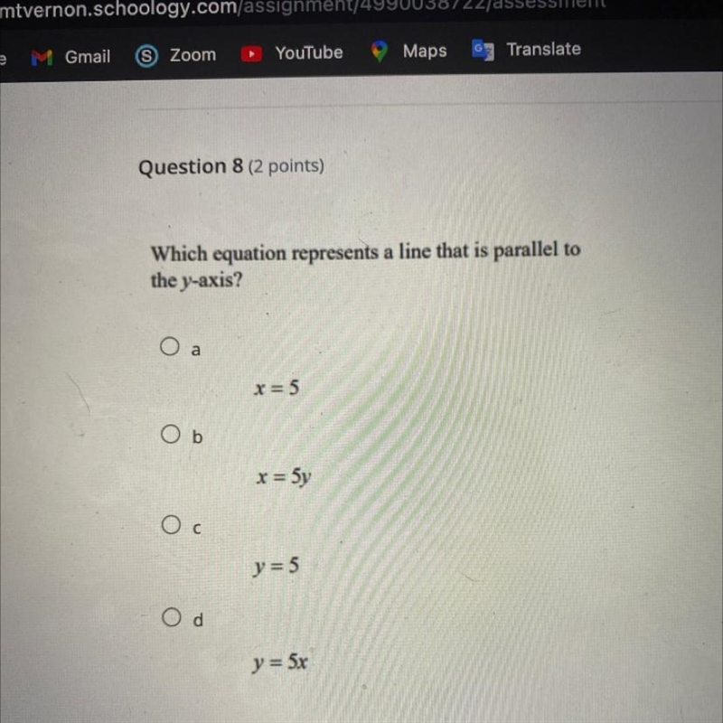 Which equation represents a line that is parallel to the y-axis?-example-1