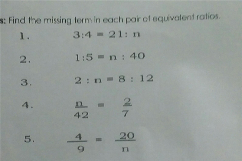 Directions: Find the missing term in each pair of equivalent ratios. 1. 3:4 = 21:n-example-1