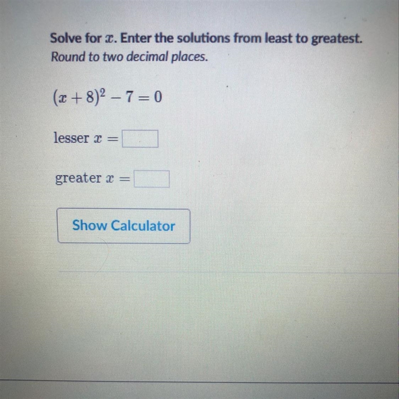 Solve for x. Enter the solutions from least to greatest. Round to two deical places-example-1