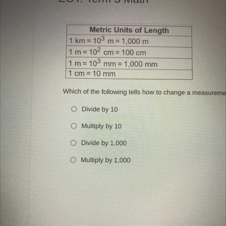 Metric Units of Length 1 km = 103 m = 1,000 m 1 m= 102 cm = 100 cm 1 m = 103 mm = 1,000 mm-example-1