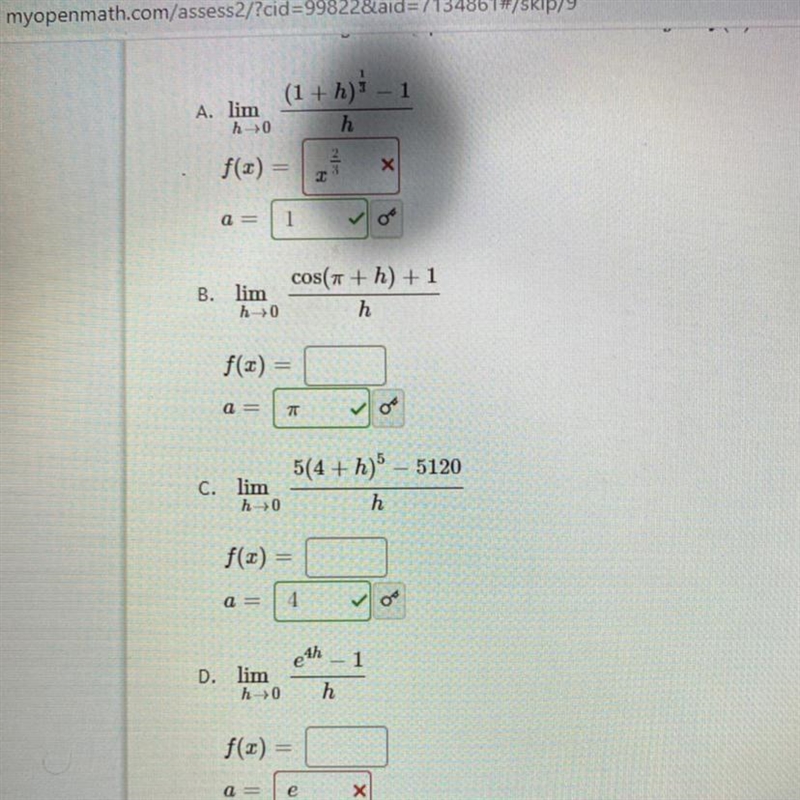 (1+h): - 1 A. lim h>0 h f(0) = х a = 1 B. lim h>0 cos(1 + h) +1 h f(3) = a = 7T-example-1