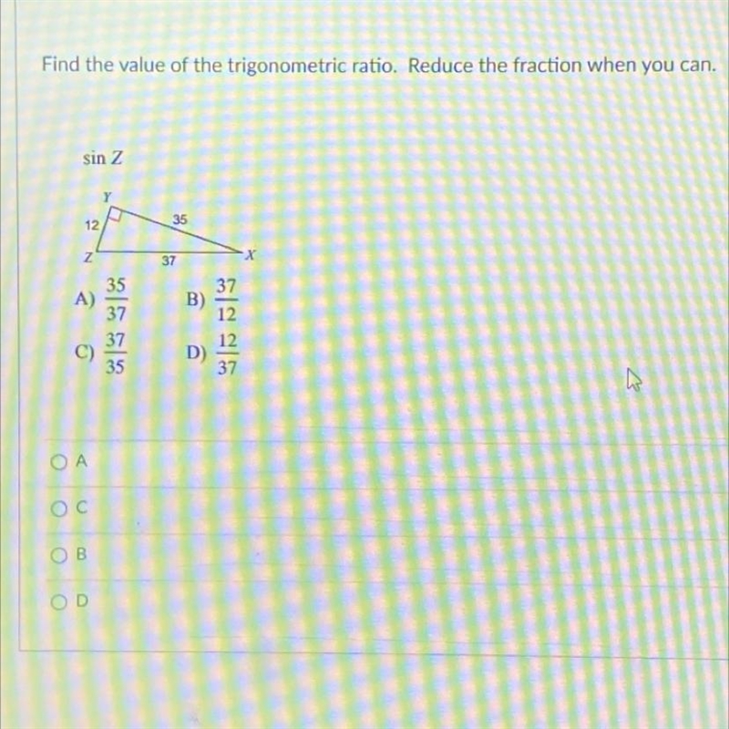 Find the value of the trigonometric ratio. Reduce the fraction when you can. sin Z-example-1