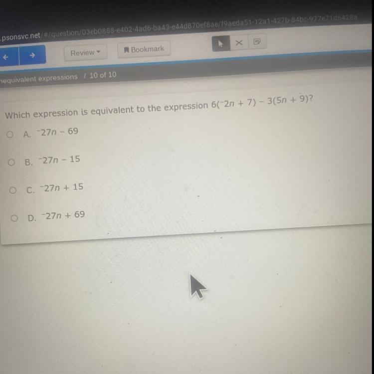 Which expression is equivalent to the expression 6(-2n + 7) - 3(5n + 9)?-example-1